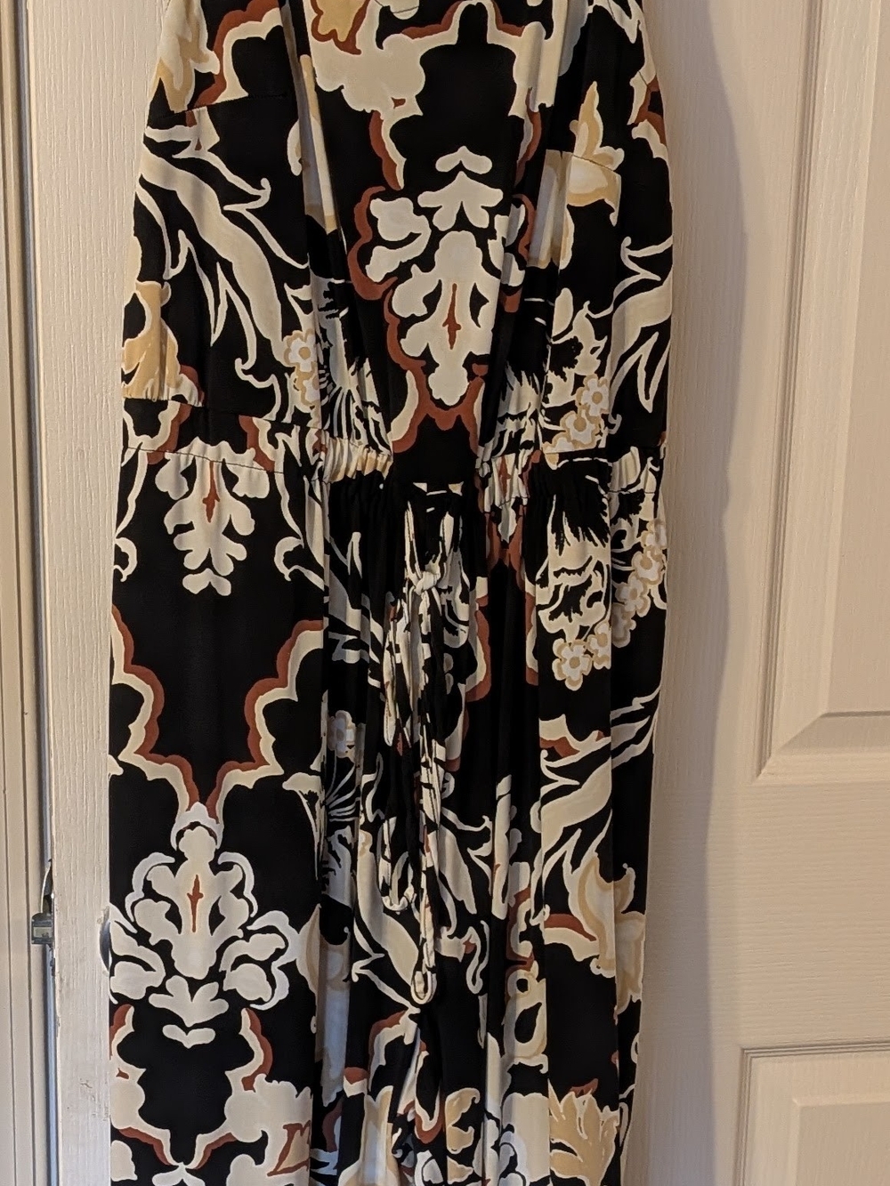 Lane Bryant Black Jumpsuit with Cream and Tan Floral Medallions